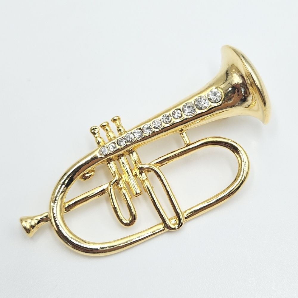 Funky Novelty Rhinestone Goldtone Trumpet Horn Brooch